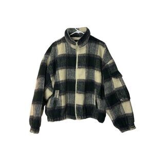 Cotton On M/L Green Check Plaid Jacket Sherpa Lined Full Zip Jacket